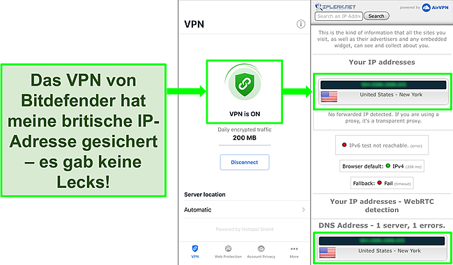 Screenshot mit der iOS-VPN-Funktion von Bitdefender und den Ergebnissen eines IP-Lecktests, der keine Lecks zeigt.