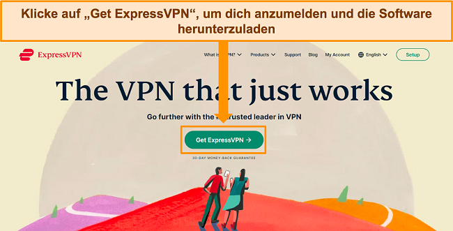 Screenshot der Homepage der ExpressVPN-Website mit hervorgehobener Schaltfläche „Holen Sie sich ExpressVPN“.