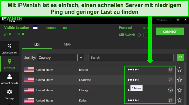 Screenshot der Windows-App von IPVanish mit hervorgehobenen US-Servern, der die Benutzerlast und den Server-Ping zeigt