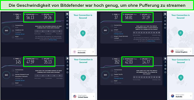 Screenshot des VPN von Bitdefender, das mit verschiedenen Servern verbunden ist, und die Ergebnisse von Ookla-Geschwindigkeitstests.