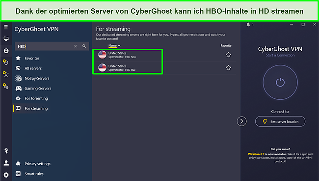 Screenshot der Verbindung zu einem Cyberghost-Server, der für das Streaming von HBO optimiert ist