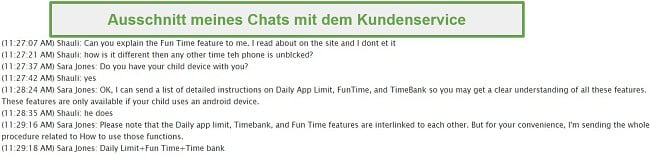 Screenshot eines Transkripts mit dem Kundensupport von FamilyTime