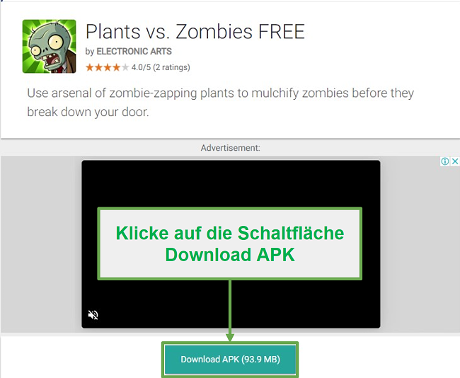 Screenshot des Download-Buttons für Plants vs Zombies