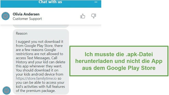 Screenshot des Kundensupports, der rät, die FamilyTime-App aus ihrem Store herunterzuladen