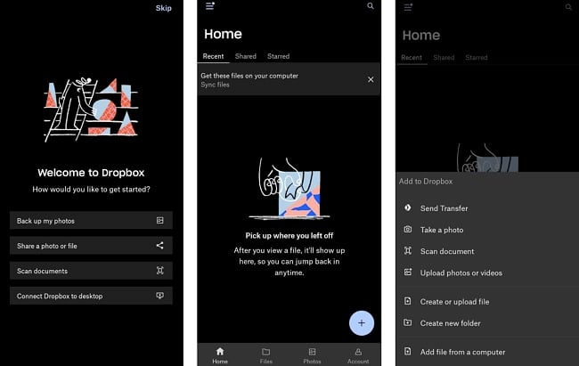 Screenshots of the Dropbox app.