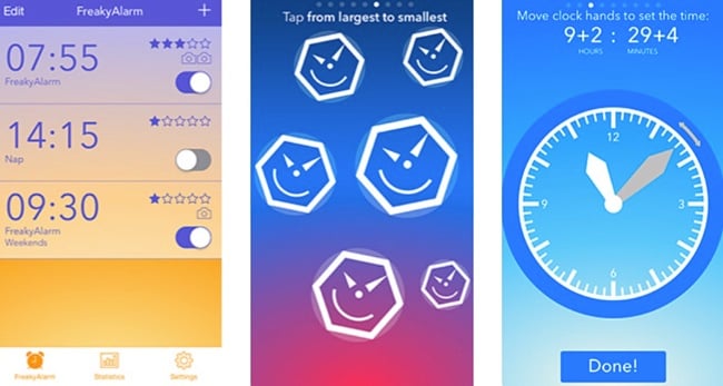 Screenshots of the FreakyAlarm app.