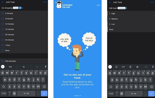 Screenshots of the Remember the Milk app.