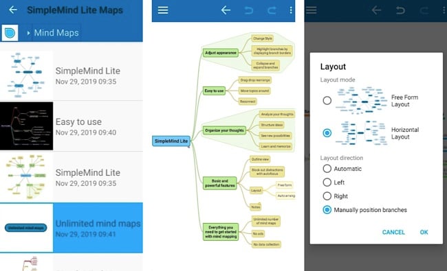 Screenshots of the SimpleMind Lite app.