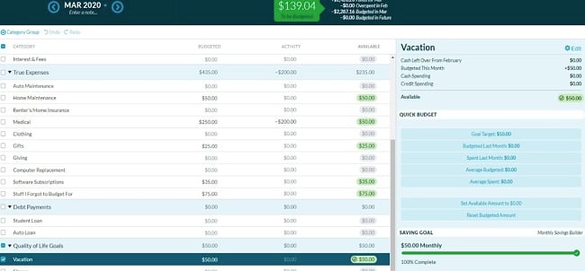 Screenshot of the YNAB app.