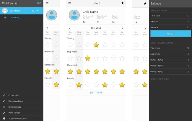 Screenshots of the iReward Chart app.