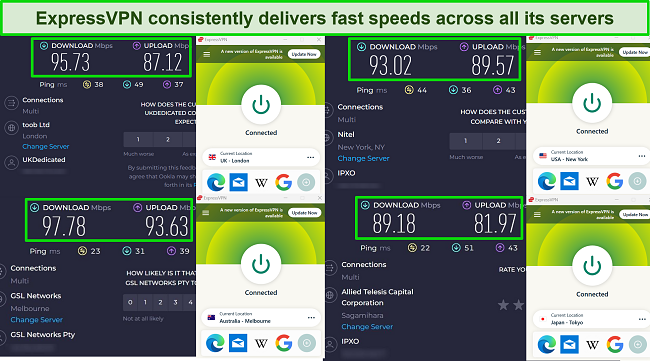 creenshot of ExpressVPN speed test results while connected to the US, UK, Australia, Japan
