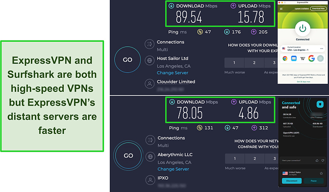 Screenshot of Los Angeles server speed test results comparing ExpressVPN and Surfshark