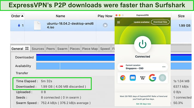 Screenshot of downloading torrent while ExpressVPN is connected to a server in Singapore