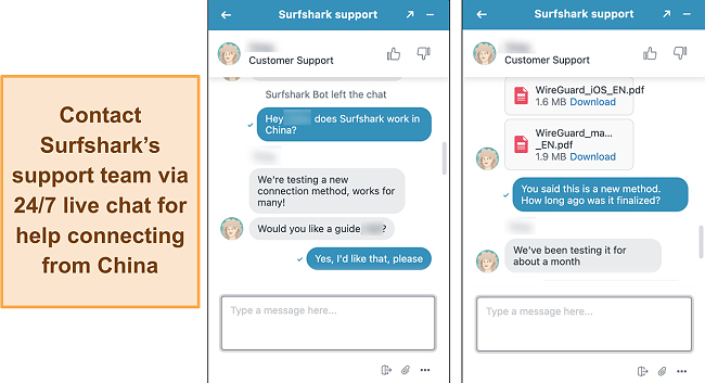 Screenshot of conversation with a Surfshark live chat agent regarding connecting in China