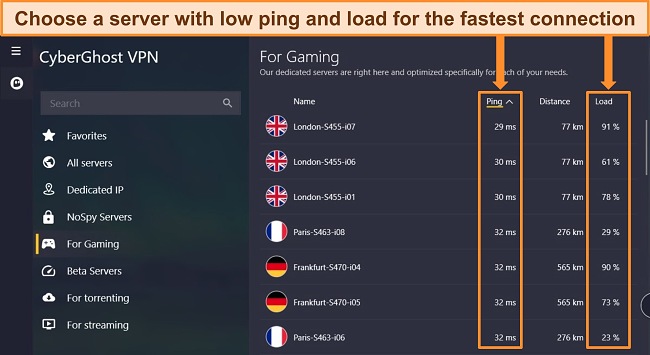 Screenshot of CyberGhost's optimized gaming servers with ping and server load highlighted.
