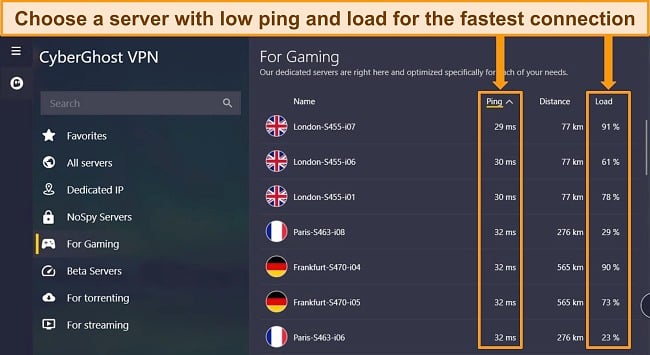 Screenshot of CyberGhost's optimized gaming servers with ping and server load highlighted.