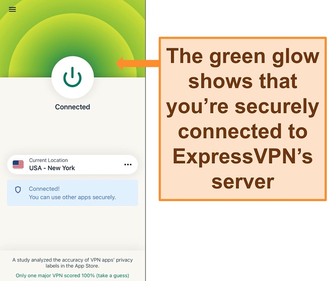 Screenshot of ExpressVPN's iOS app connected to a US server.