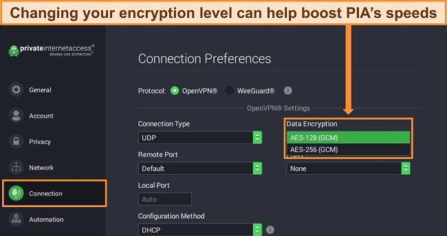 Screenshot of PIA's Connection settings with Data Encryption highlighted.