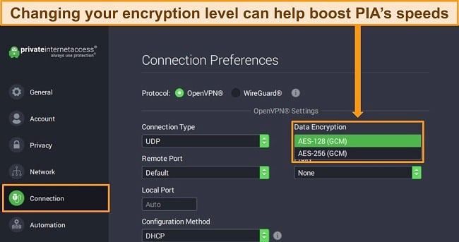 Screenshot of PIA's Connection settings with Data Encryption highlighted.