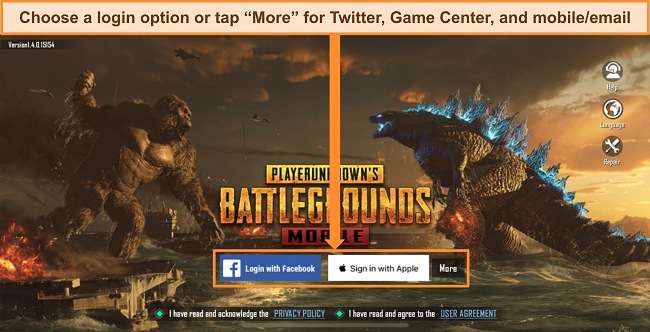 Screenshot of PUBG Mobile on iOS with login options highlighted.