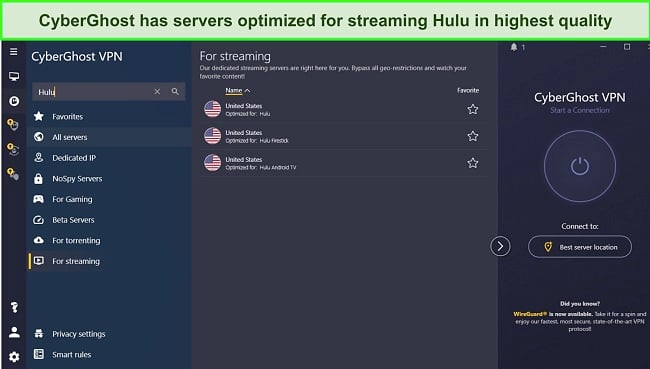 Screenshot of CyberGhost's servers optimized for streaming Hulu.