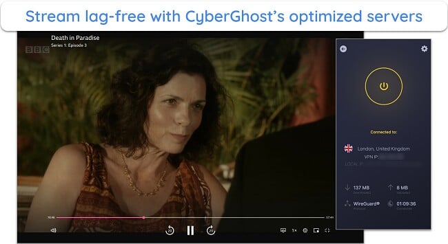 Screenshot of Death in Paradise playing on BBC iPlayer while CyberGhost is connected to the optimized server in the UK