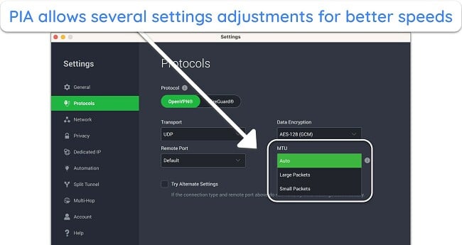 Screenshot of PIA app settings for packet size selection