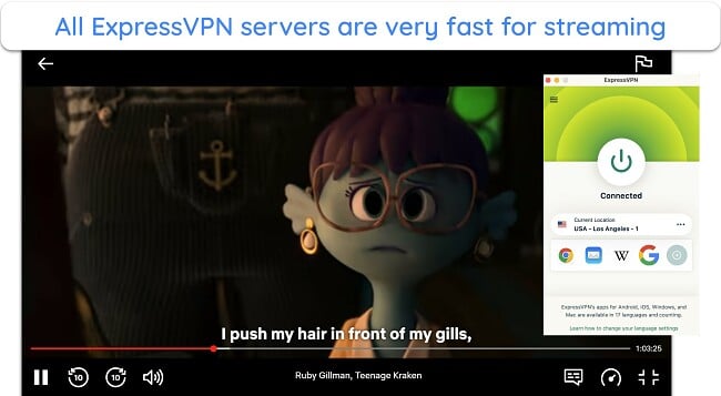 Screenshot of Ruby Gillman, Teenage Kraken playing on Netflix while ExpressVPN is connected to a server in the US