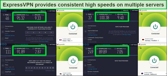 Screenshot showing speed tests with ExpressVPN in 4 locations.