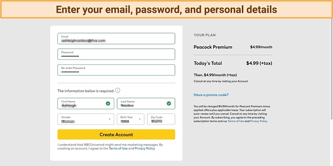 Screenshot of Peacock personal details and create account page