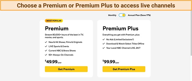 Screenshot of Peacock Premium and Premium Plus annual plans
