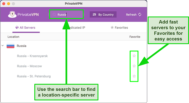 Screenshot of PrivateVPN Server List on Mac Desktop