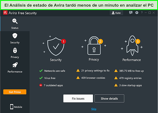 Captura de pantalla de la aplicación de Windows de Avira con los resultados de un escaneo de estado.