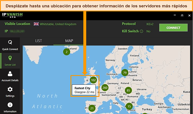 Captura de pantalla de la aplicación IPVanish con servidores del Reino Unido resaltados en la interfaz del mapa