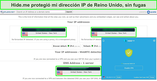 Captura de pantalla de Hide.me conectado a un servidor de EE. UU. Con los resultados de una prueba de fuga de IP que no muestra fugas de datos, IP o DNS
