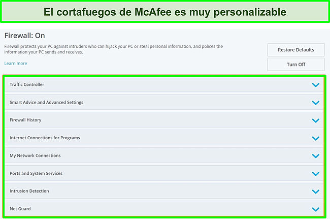 Captura de pantalla del firewall de McAfee.