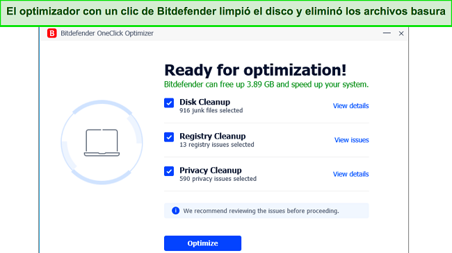 Captura de pantalla del optimizador OneClick de Bitdefender