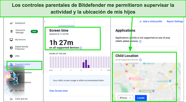 Captura de pantalla del panel de controles parentales de Bitdefender