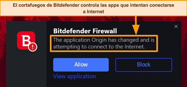 Captura de pantalla de la solicitud de conexión del cortafuegos de Bitdefender