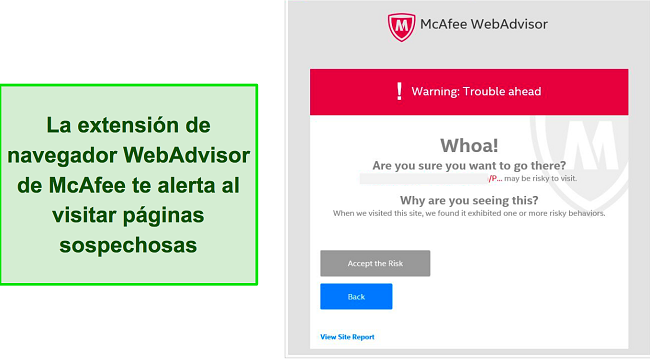 Captura de pantalla de McAfee WebAdvisor bloqueando amenazas