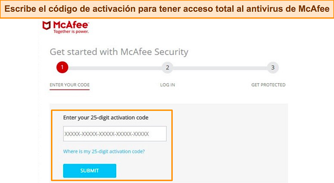 Captura de pantalla de la página de activación de la aplicación de McAfee
