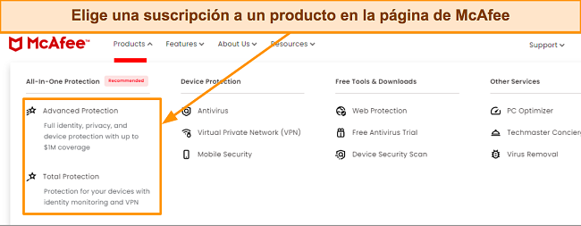 Captura de pantalla de los planes de suscripción premium de McAfee