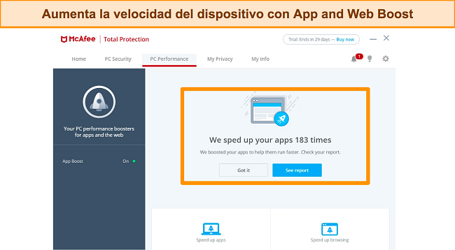 Captura de pantalla de la función App and Web Boost de McAfee