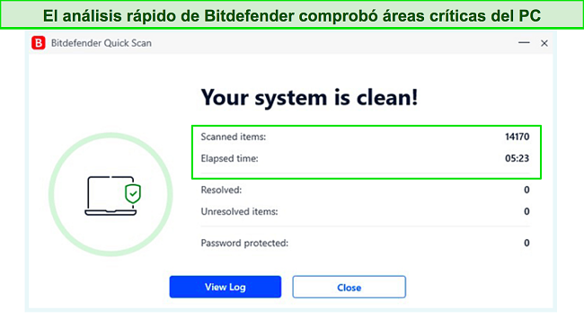 Captura de pantalla del resultado del análisis rápido de Bitdefender