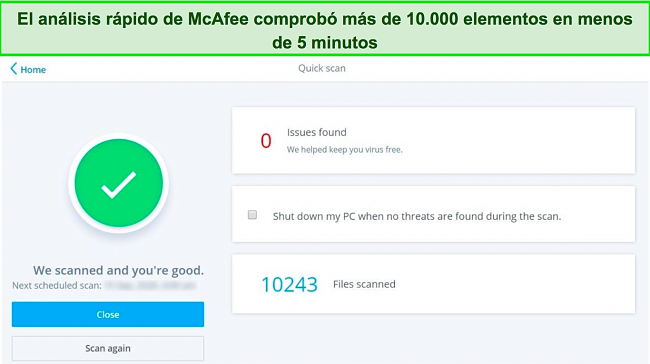 resultados de la prueba de escaneo rápido de mcafee