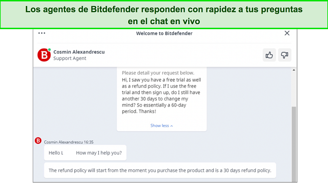 Captura de pantalla del soporte de chat en vivo de Bitdefender