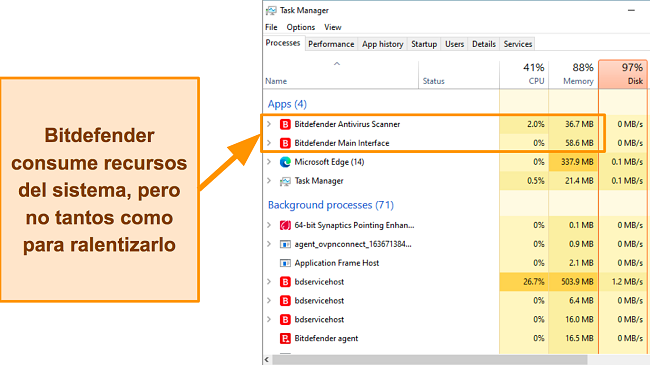 Captura de pantalla que muestra la utilización de recursos del sistema de Bitdefender