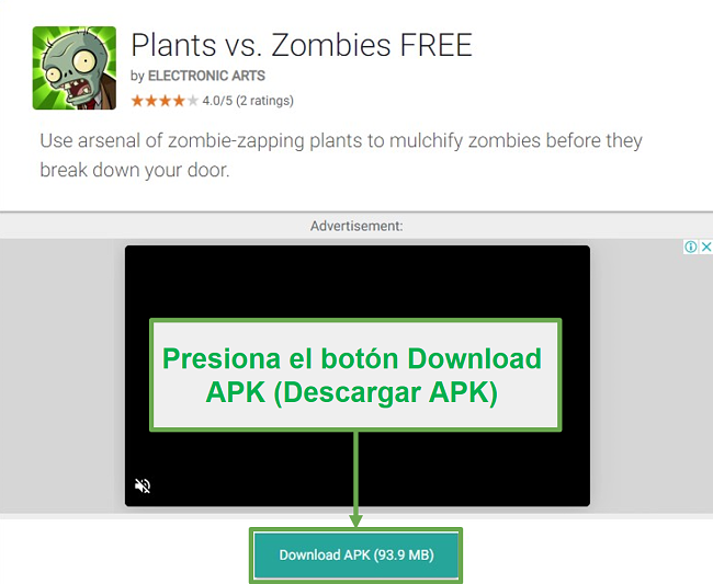 Captura de pantalla del botón de descarga de Plants vs Zombies
