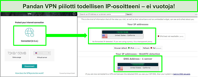 Kuvakaappaus Pandan VPN: stä, joka on yhdistetty yhdysvaltalaiseen palvelimeen, ja IP -vuototestin tulokset eivät osoita vuotoja.