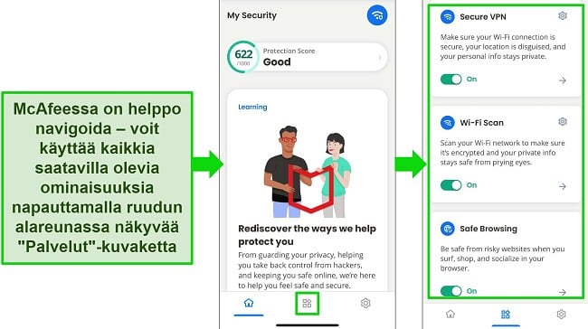Kuvaus: McAfee-sovellus on helppo navigoida